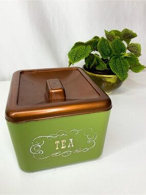 Vintage MCM Green Tea Canister with Faux Copper Lid - Tea Storage Container